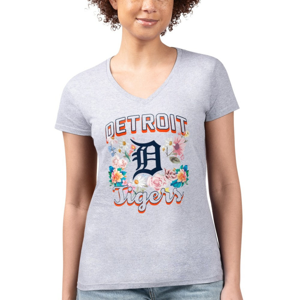 Detroit Tigers G-III 4Her by Carl Banks Women's Super-Slim Fit Lightweight Flowers Graphic V-Neck T-Shirt - Heather Gray - MLB on Sale