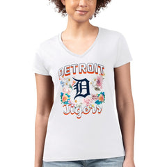 Detroit Tigers G-III 4Her by Carl Banks Women's Super-Slim Fit Lightweight Flowers Graphic V-Neck T-Shirt - White - MLB Sale