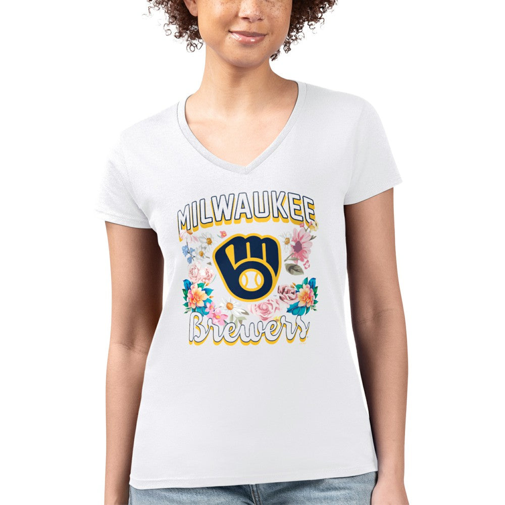 Milwaukee Brewers G-III 4Her by Carl Banks Women's Super-Slim Fit Lightweight Flowers Graphic V-Neck T-Shirt - White - MLB Online