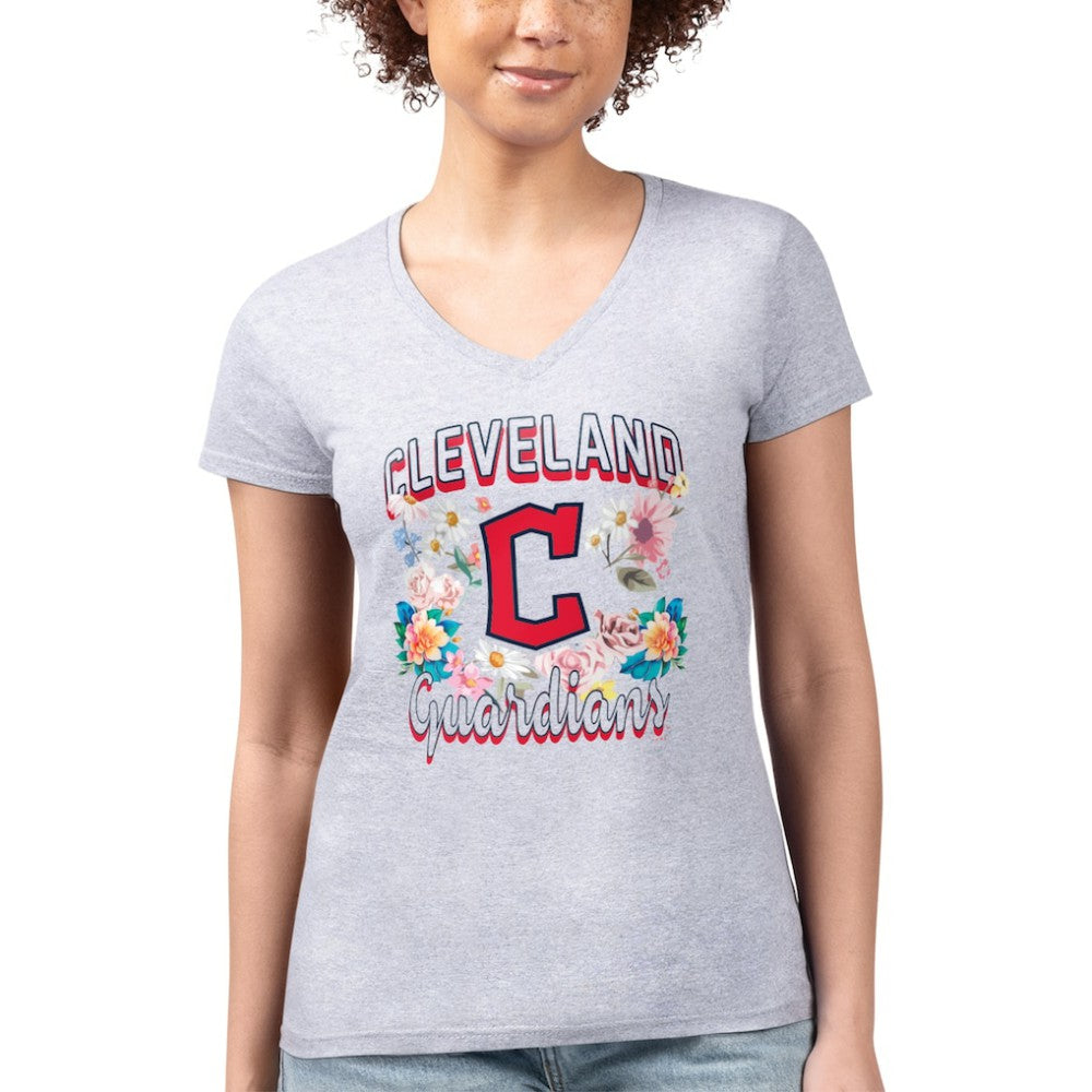 Cleveland Guardians G-III 4Her by Carl Banks Women's Super-Slim Fit Lightweight Flowers Graphic V-Neck T-Shirt - Heather Gray - MLB Lifestyle
