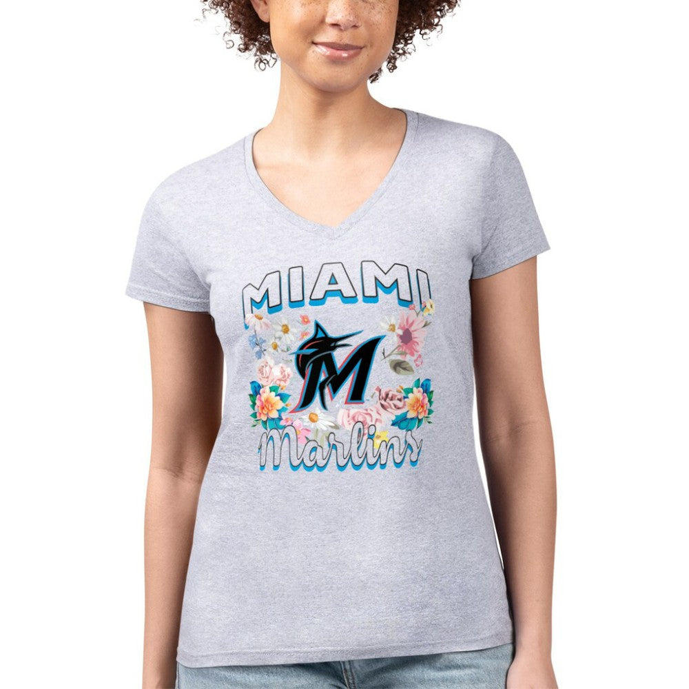 Miami Marlins G-III 4Her by Carl Banks Women's Super-Slim Fit Lightweight Flowers Graphic V-Neck T-Shirt - Heather Gray - MLB Lifestyle