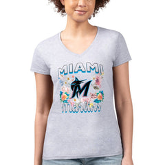 Miami Marlins G-III 4Her by Carl Banks Women's Super-Slim Fit Lightweight Flowers Graphic V-Neck T-Shirt - Heather Gray - MLB Lifestyle