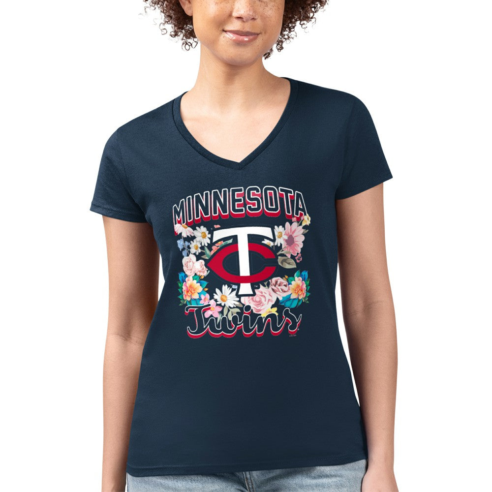 Minnesota Twins G-III 4Her by Carl Banks Women's Super-Slim Fit Lightweight Flowers Graphic V-Neck T-Shirt - Navy - MLB Discount