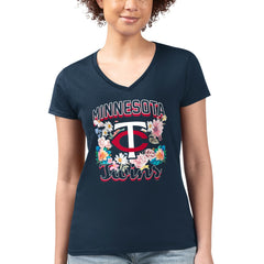 Minnesota Twins G-III 4Her by Carl Banks Women's Super-Slim Fit Lightweight Flowers Graphic V-Neck T-Shirt - Navy - MLB Discount