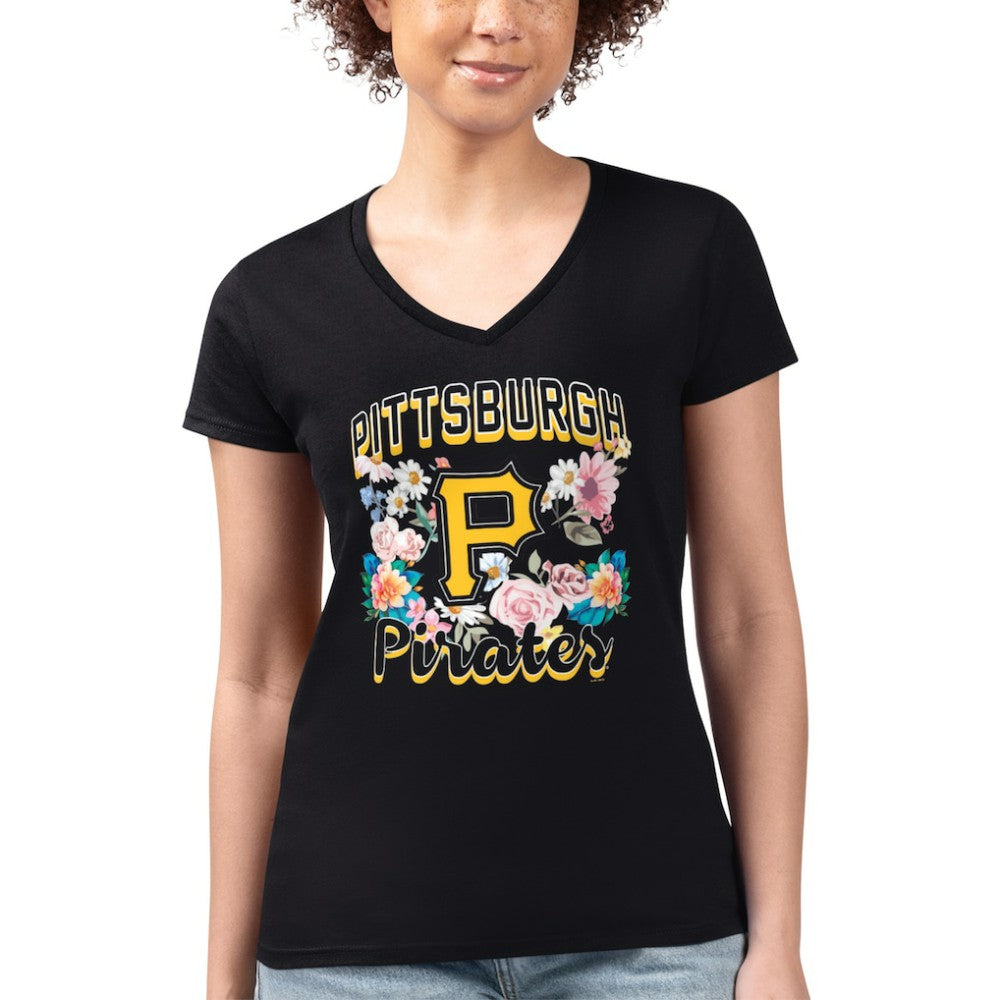 Pittsburgh Pirates G-III 4Her by Carl Banks Women's Super-Slim Fit Lightweight Flowers Graphic V-Neck T-Shirt - Black - MLB Sale