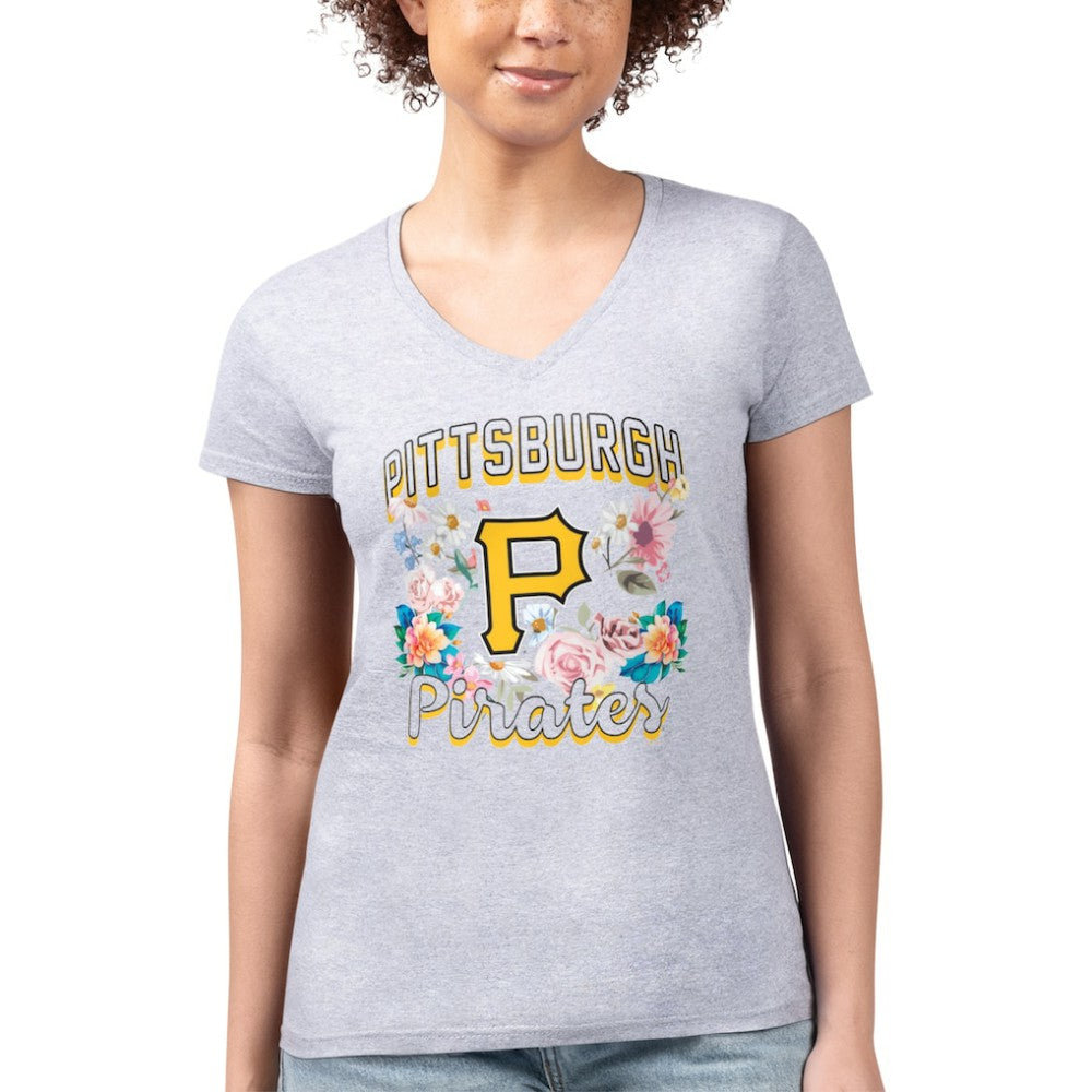Pittsburgh Pirates G-III 4Her by Carl Banks Women's Super-Slim Fit Lightweight Flowers Graphic V-Neck T-Shirt - Heather Gray - MLB Discount