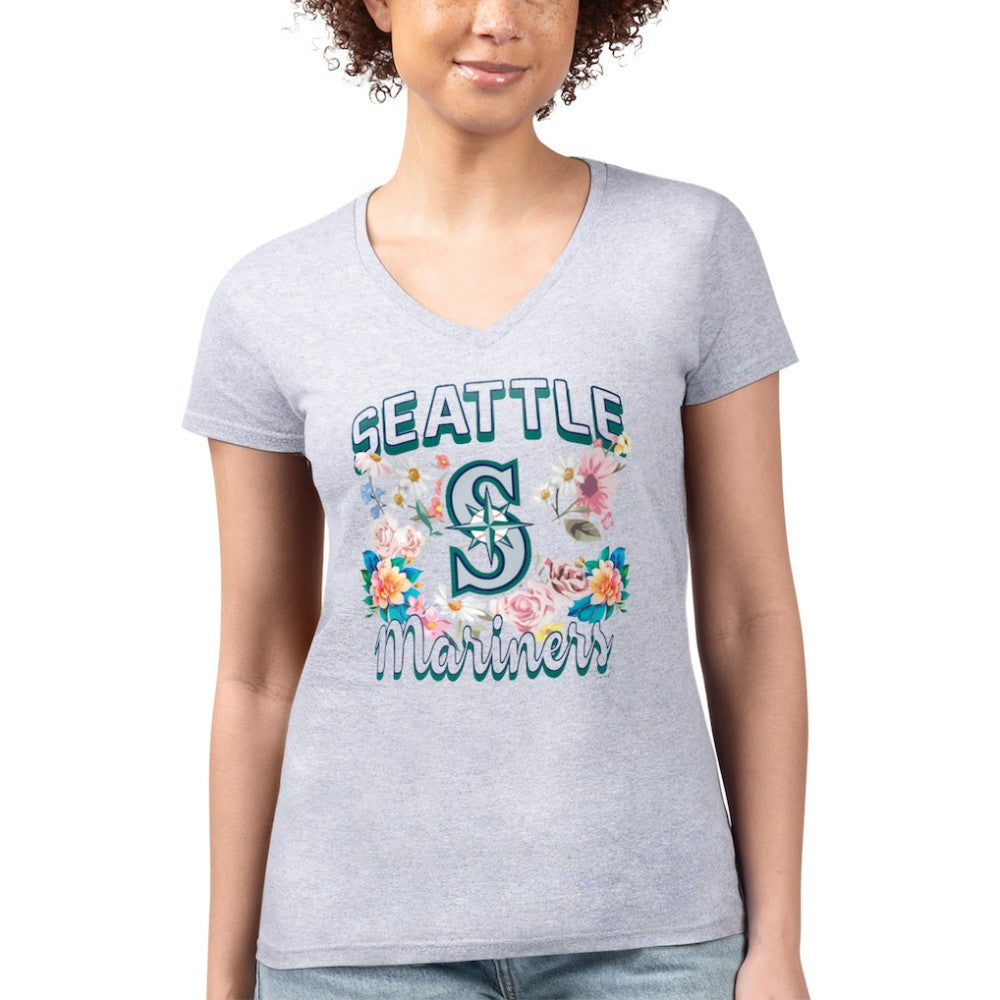 Seattle Mariners G-III 4Her by Carl Banks Women's Super-Slim Fit Lightweight Flowers Graphic V-Neck T-Shirt - Heather Gray - MLB Lifestyle