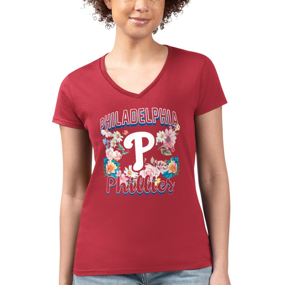 Philadelphia Phillies G-III 4Her by Carl Banks Women's Super-Slim Fit Lightweight Flowers Graphic V-Neck T-Shirt - Red - MLB Sale