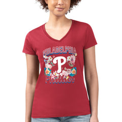 Philadelphia Phillies G-III 4Her by Carl Banks Women's Super-Slim Fit Lightweight Flowers Graphic V-Neck T-Shirt - Red - MLB Sale