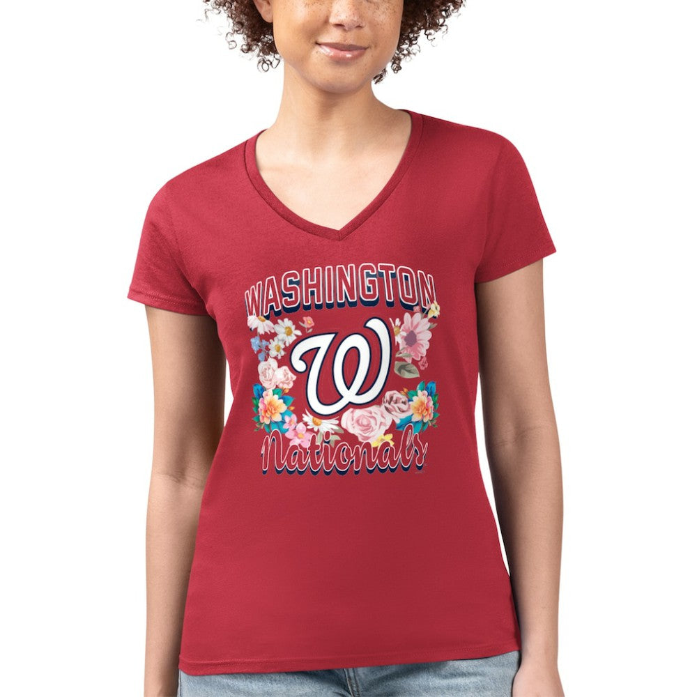 Washington Nationals G-III 4Her by Carl Banks Women's Super-Slim Fit Lightweight Flowers Graphic V-Neck T-Shirt - Red - MLB Online