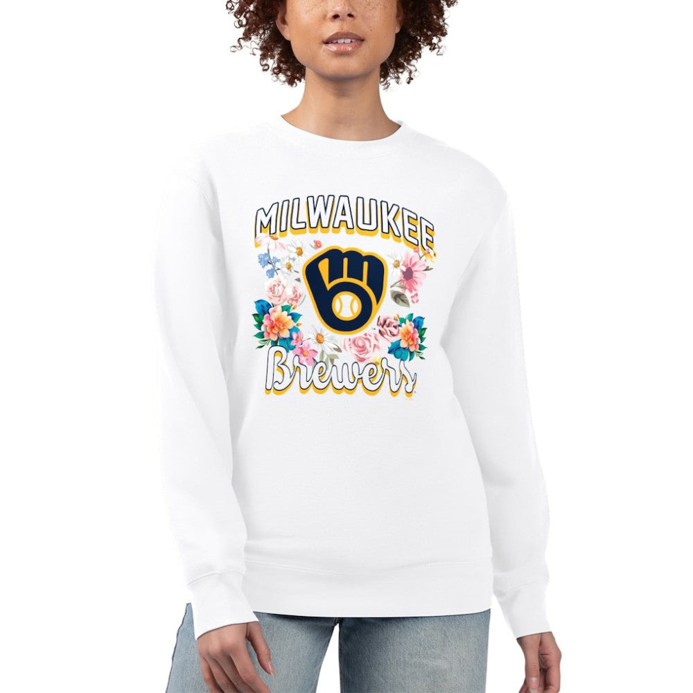 Milwaukee Brewers G-III 4Her by Carl Banks Women's Flowers Graphic Pullover Sweatshirt - White - MLB Lifestyle