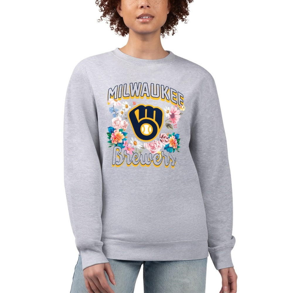 Milwaukee Brewers G-III 4Her by Carl Banks Women's Flowers Graphic Pullover Sweatshirt - Heather Gray - MLB on Sale
