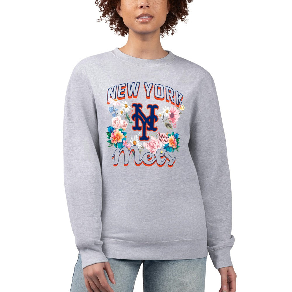 New York Mets G-III 4Her by Carl Banks Women's Flowers Graphic Pullover Sweatshirt - Heather Gray - MLB Sale