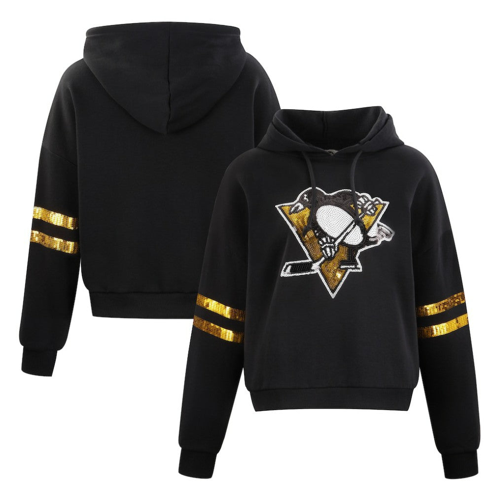 Pittsburgh Penguins Cuce Women's Sequin Cropped Pullover Hoodie - Black - NHL 201963115