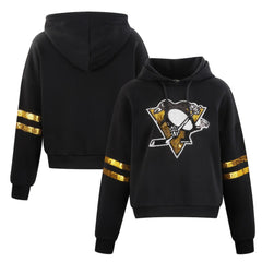 Pittsburgh Penguins Cuce Women's Sequin Cropped Pullover Hoodie - Black - NHL 201963115