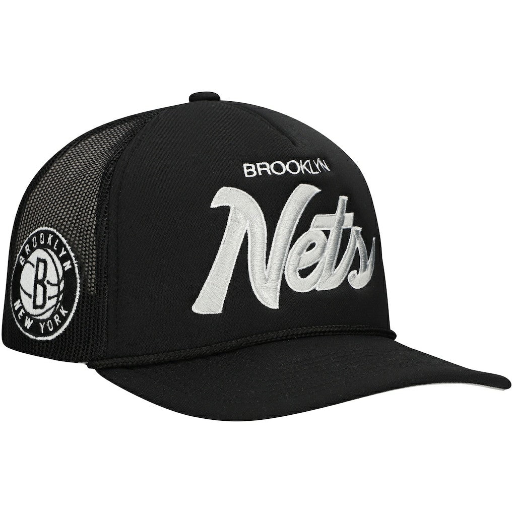 Brooklyn Nets Script Trucker Adjustable Hat Black | Mitchell & Ness outlet