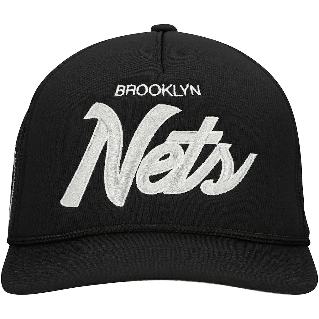 Brooklyn Nets Script Trucker Adjustable Hat Black | Mitchell & Ness outlet