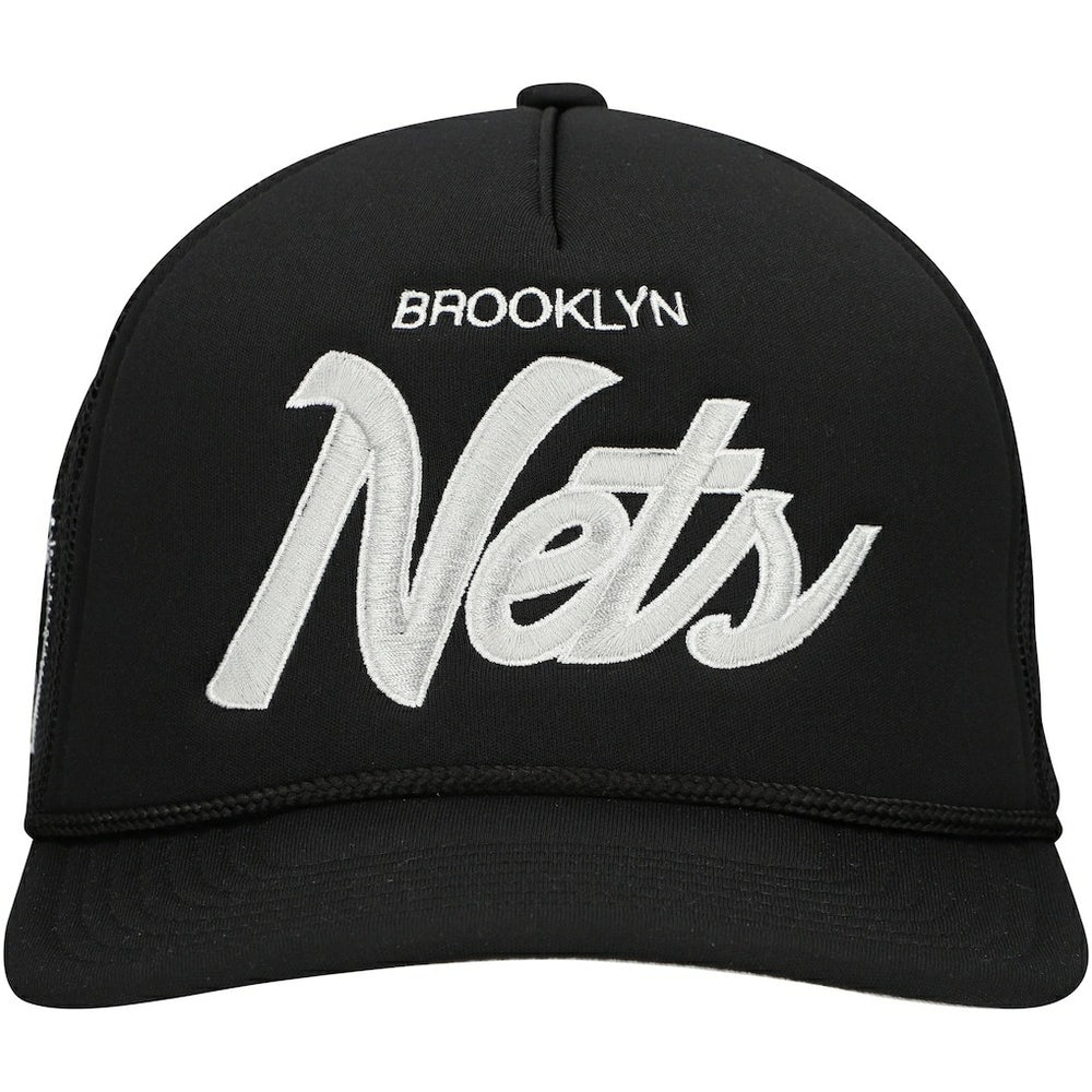 Brooklyn Nets Script Trucker Adjustable Hat Black | Mitchell & Ness outlet