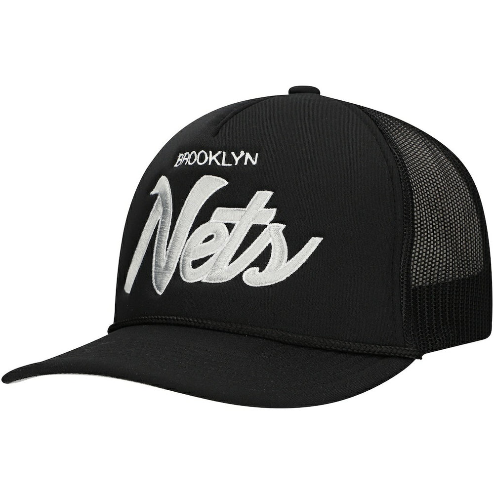 Brooklyn Nets Script Trucker Adjustable Hat Black | Mitchell & Ness outlet