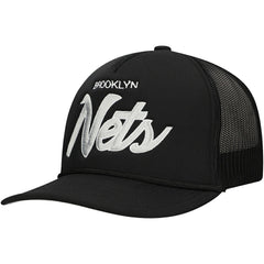 Brooklyn Nets Script Trucker Adjustable Hat Black | Mitchell & Ness outlet