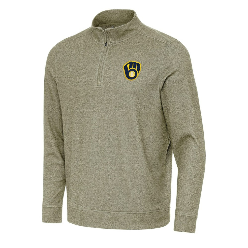 Milwaukee Brewers Antigua Subtle Quarter-Zip Sweatshirt - Heather Olive - MLB Lifestyle