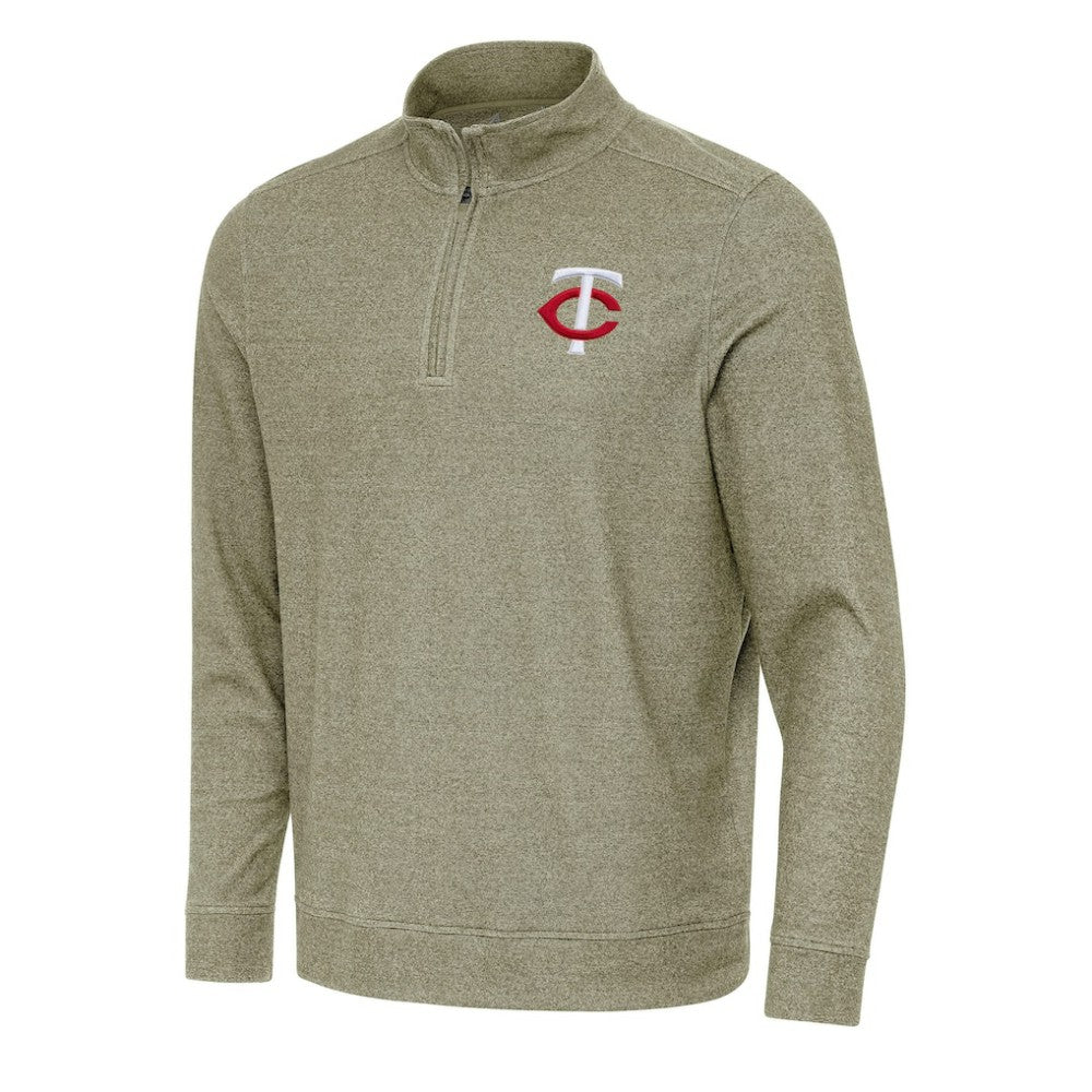 Minnesota Twins Antigua Subtle Quarter-Zip Sweatshirt - Heather Olive - MLB Sale