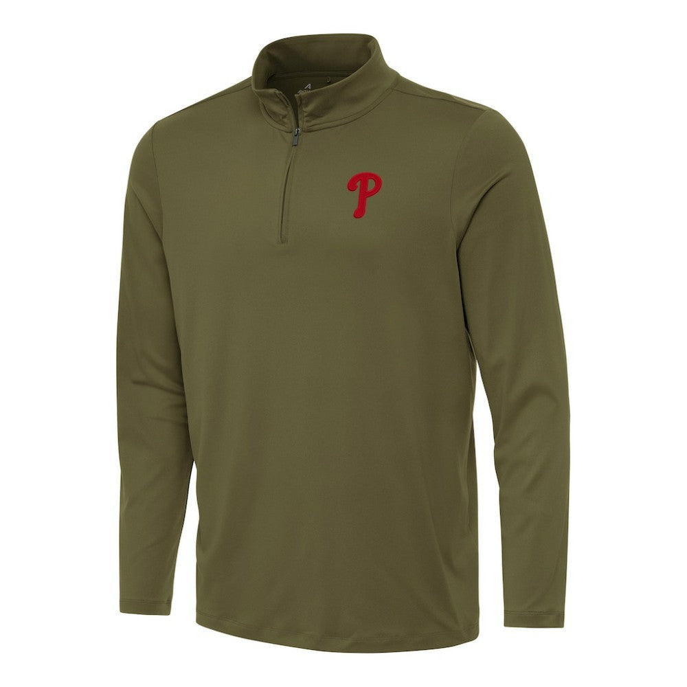 Philadelphia Phillies Antigua Reprocess Quarter-Zip Top - Olive - MLB Discount