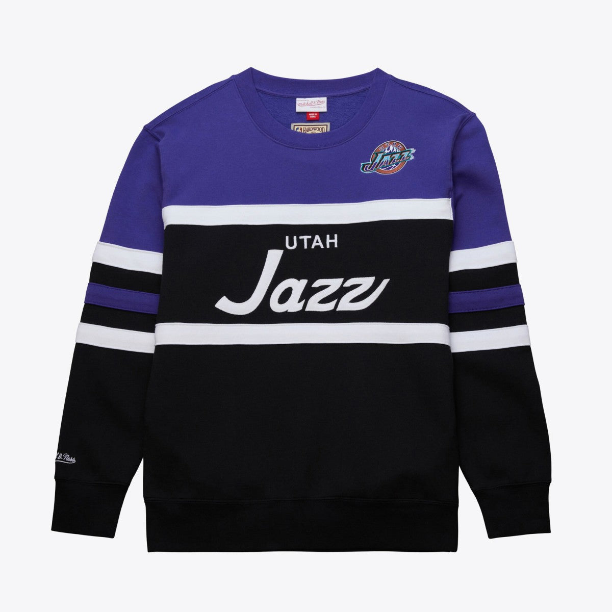 Utah Jazz Hardwood Classics Vintage Logo Head Coach Pullover Sweatshirt Black/Purple | Mitchell & Ness for sale