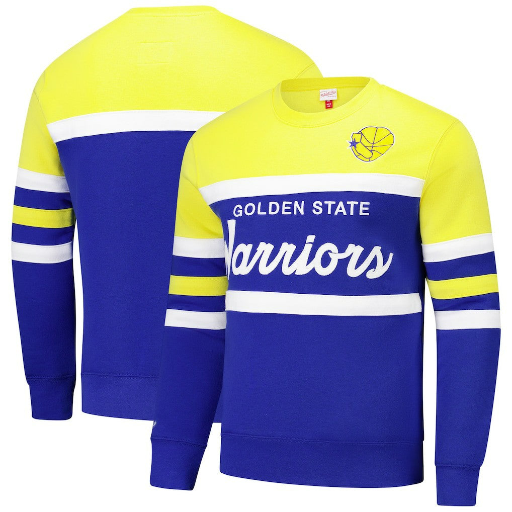 Golden State Warriors Hardwood Classics Vintage Logo Head Coach Pullover Sweatshirt for sale Royal/Gold | Mitchell & Ness online