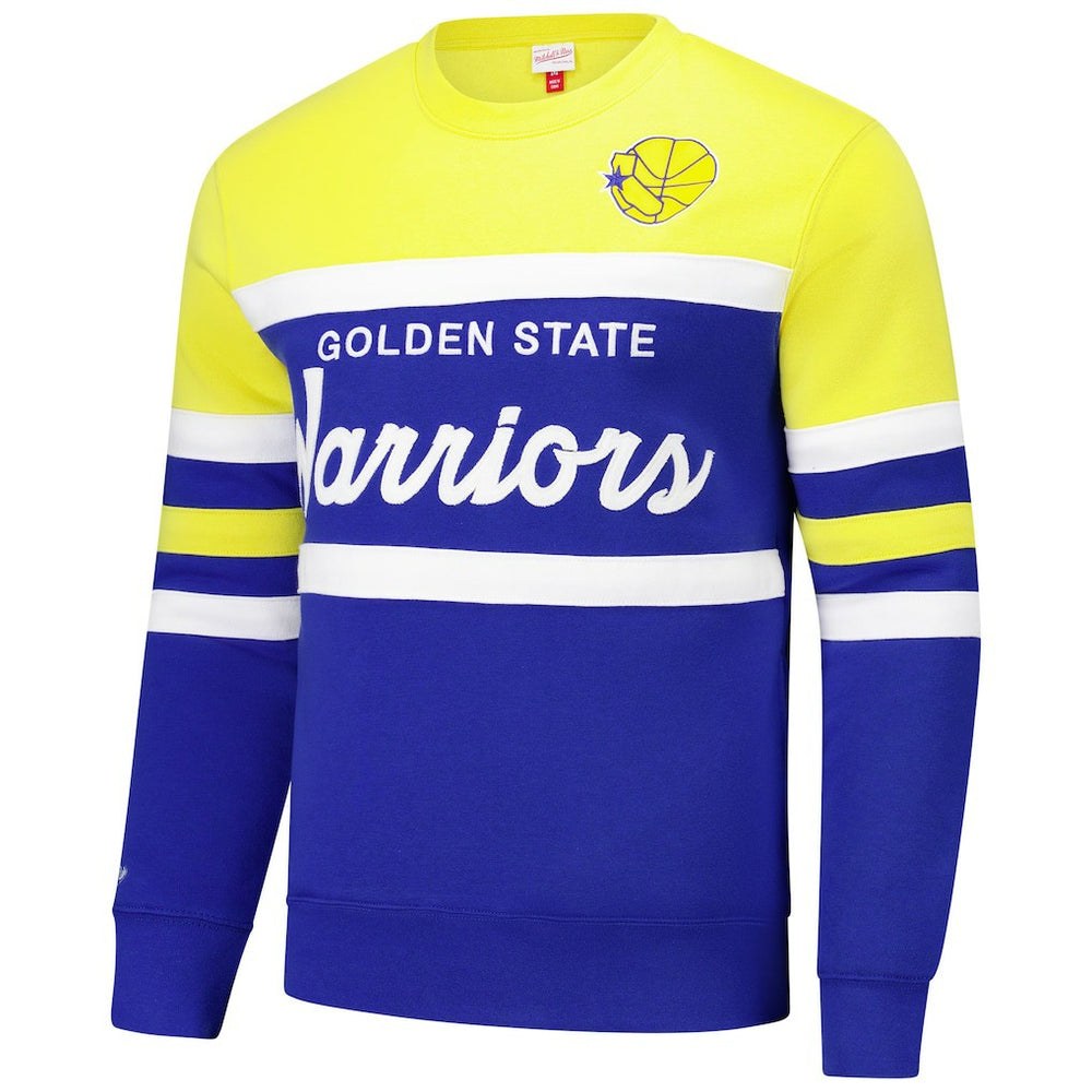 Golden State Warriors Hardwood Classics Vintage Logo Head Coach Pullover Sweatshirt for sale Royal/Gold | Mitchell & Ness online