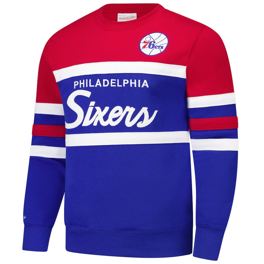 Philadelphia 76ers Hardwood Classics Vintage Logo Head Coach Pullover Sweatshirt Royal/Red | Mitchell & Ness Near Me