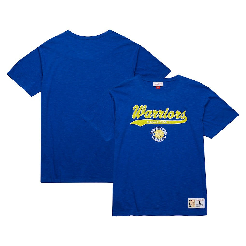 Golden State Warriors Hardwood Classics Felt Applique Slub T-Shirt for sale Royal | Mitchell & Ness outlet