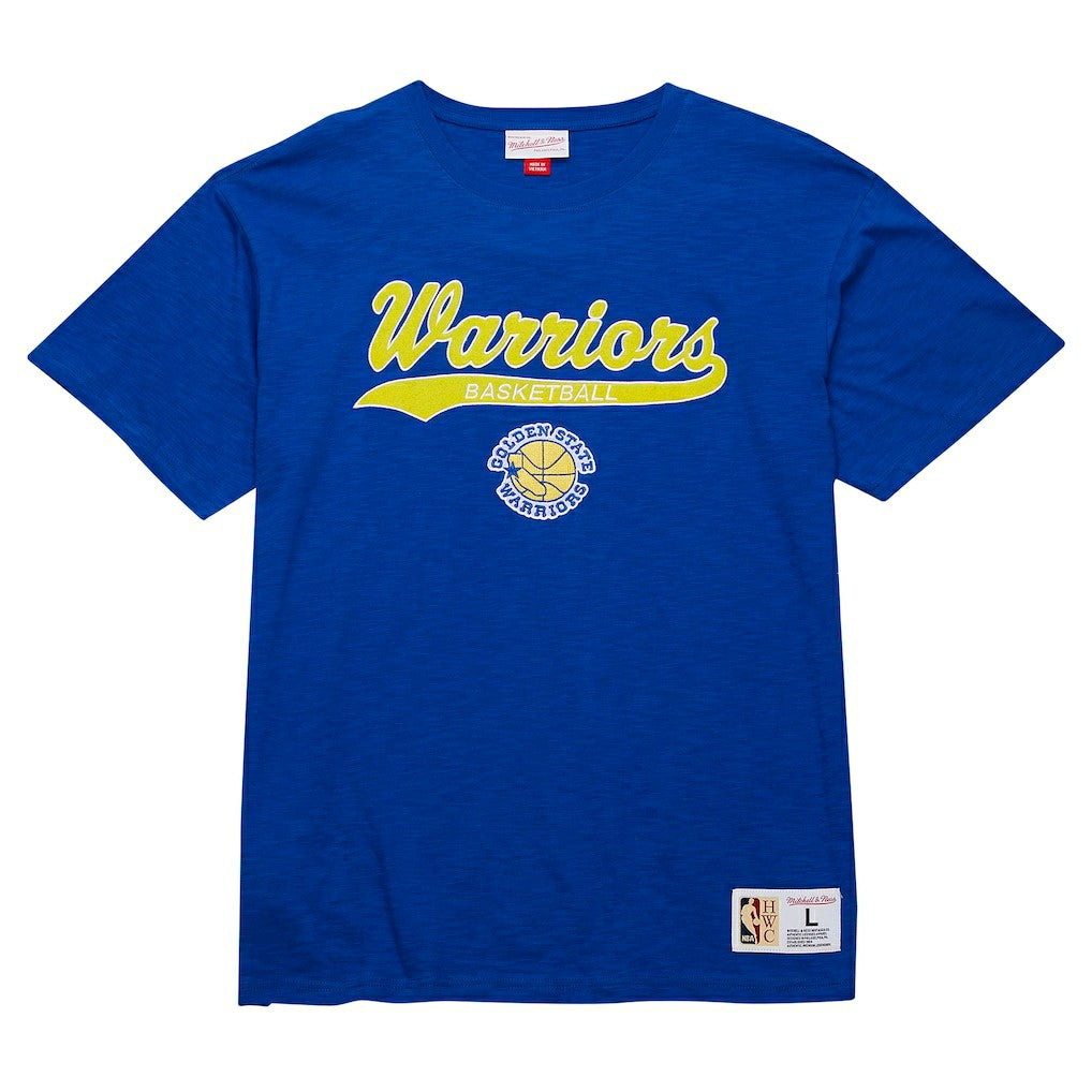 Golden State Warriors Hardwood Classics Felt Applique Slub T-Shirt for sale Royal | Mitchell & Ness outlet