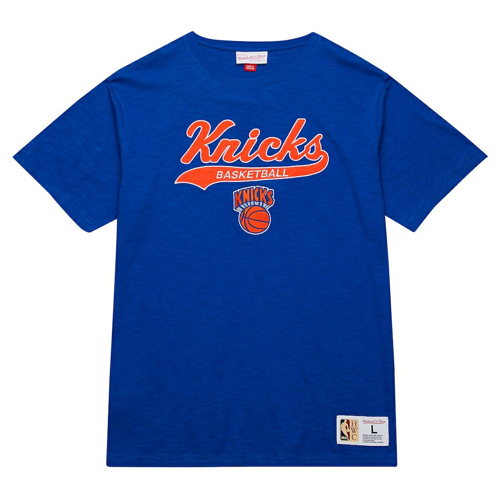 New York Knicks Hardwood Classics Felt Applique Slub T-Shirt Blue | Mitchell & Ness