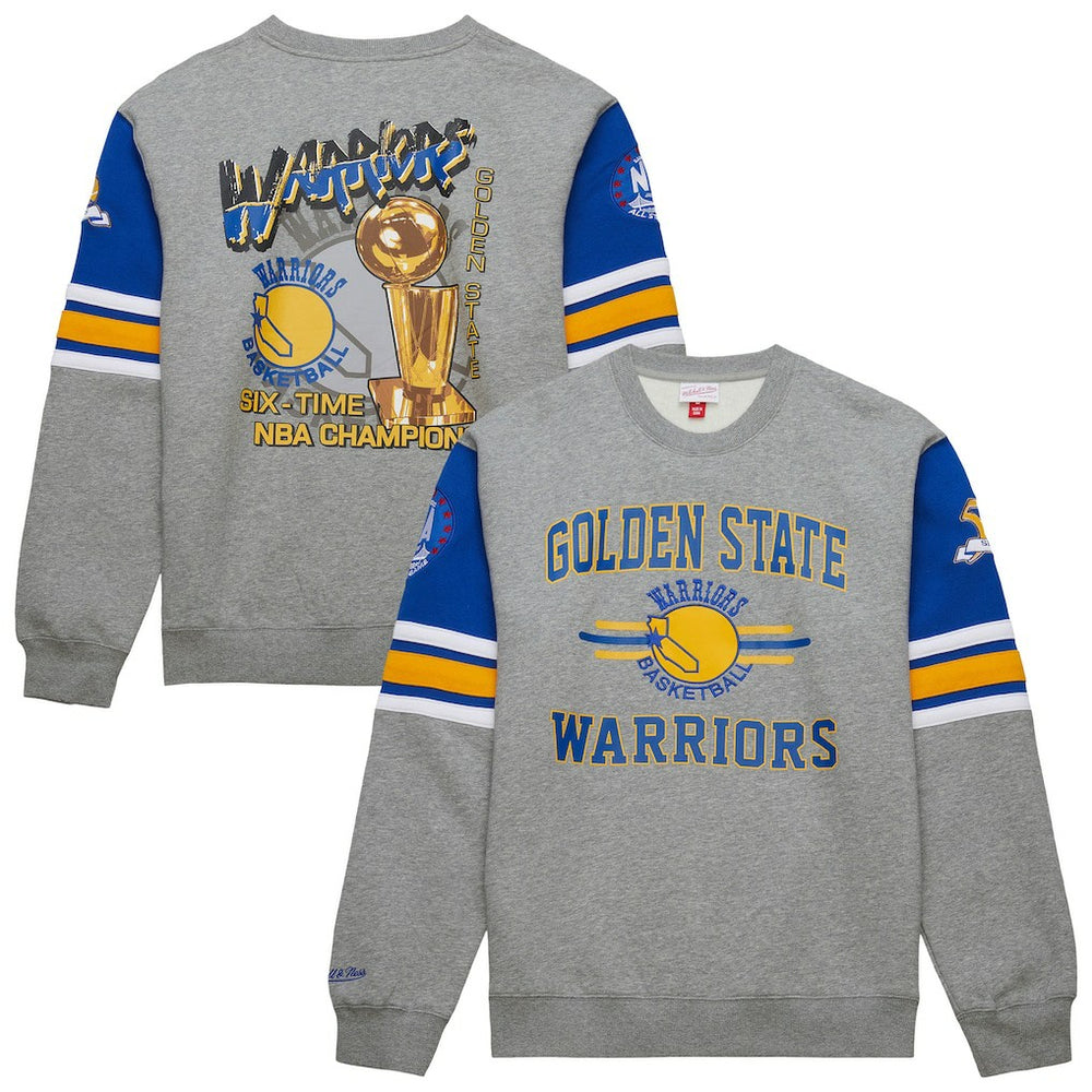 Golden State Warriors Hardwood Classics All Over 4.0 Pullover Sweatshirt for sale Heather Gray | Mitchell & Ness for sale