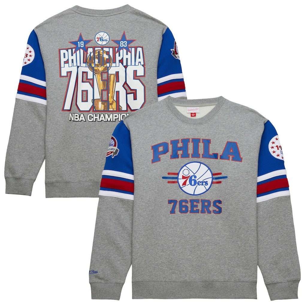 Philadelphia 76ers Hardwood Classics All Over 4.0 Pullover Sweatshirt Heather Gray | Mitchell & Ness for sale
