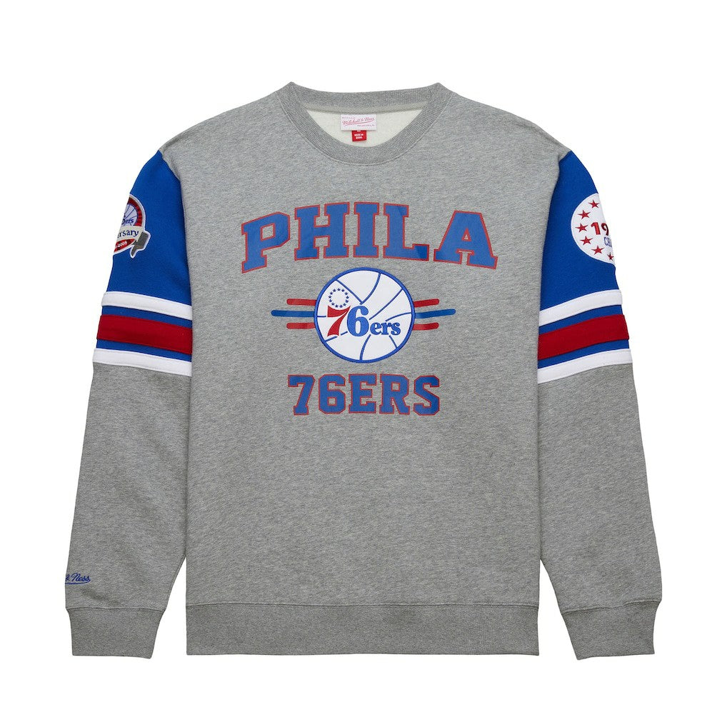 Philadelphia 76ers Hardwood Classics All Over 4.0 Pullover Sweatshirt Heather Gray | Mitchell & Ness for sale