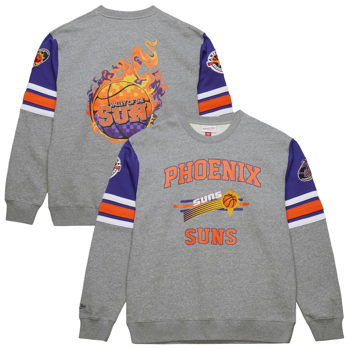 Phoenix Suns Hardwood Classics All Over 4.0 Pullover Sweatshirt Heather Gray | Mitchell & Ness Lifestyle