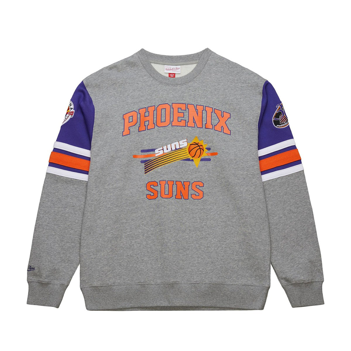 Phoenix Suns Hardwood Classics All Over 4.0 Pullover Sweatshirt Heather Gray | Mitchell & Ness Lifestyle