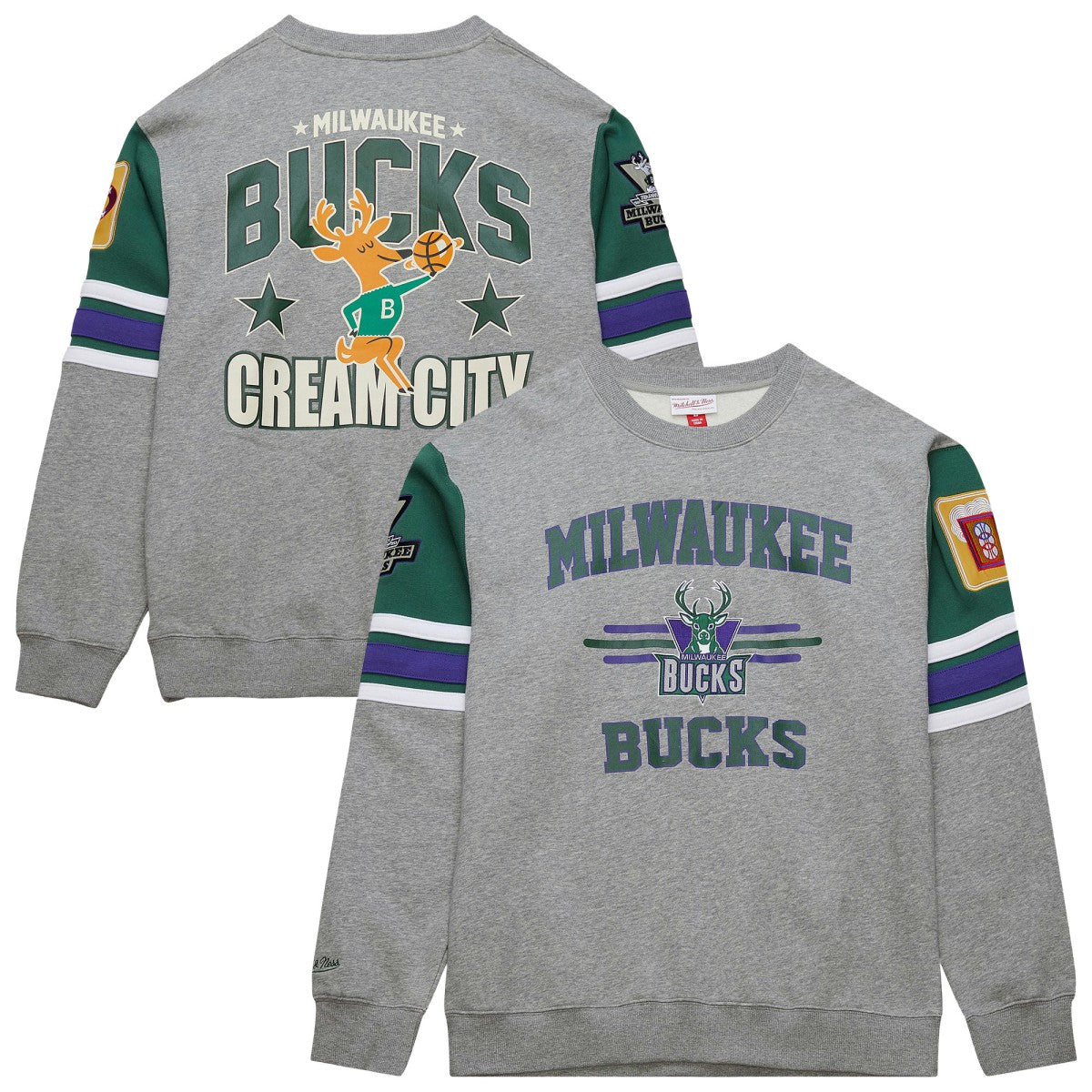 Milwaukee Bucks Hardwood Classics All Over 4.0 Pullover Sweatshirt Heather Gray | Mitchell & Ness