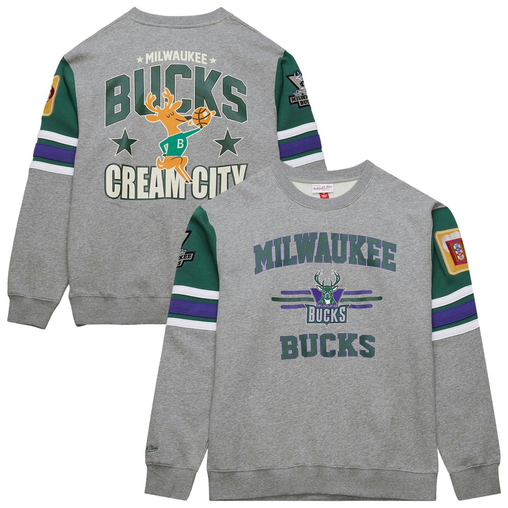 Milwaukee Bucks Hardwood Classics All Over 4.0 Pullover Sweatshirt Heather Gray | Mitchell & Ness