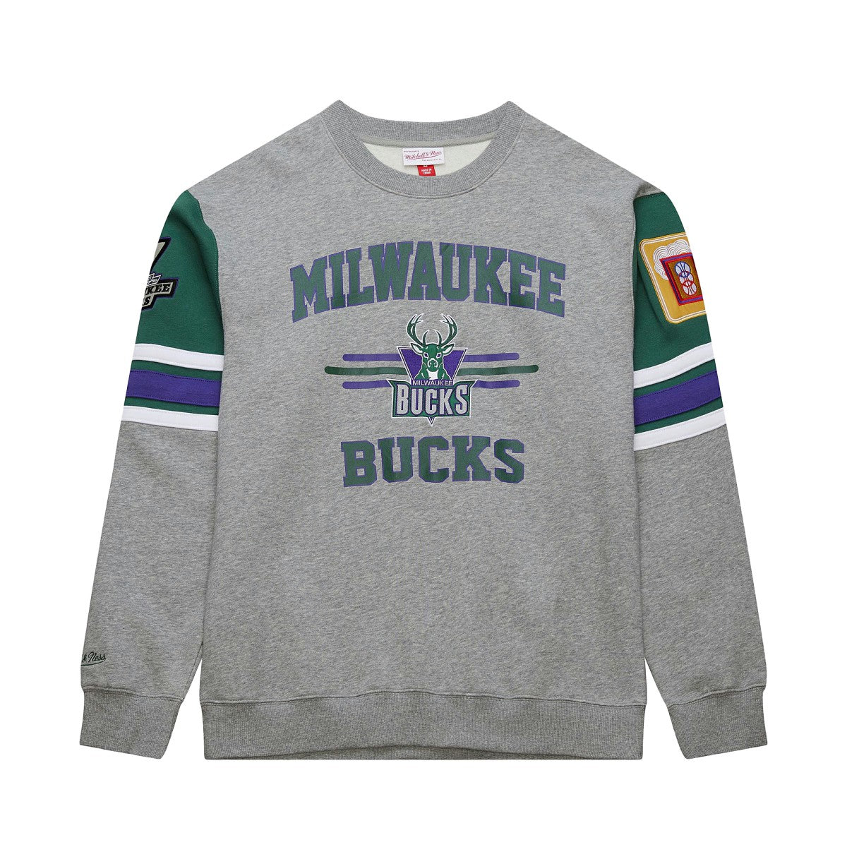 Milwaukee Bucks Hardwood Classics All Over 4.0 Pullover Sweatshirt Heather Gray | Mitchell & Ness