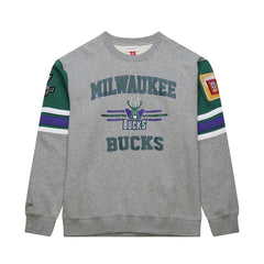 Milwaukee Bucks Hardwood Classics All Over 4.0 Pullover Sweatshirt Heather Gray | Mitchell & Ness