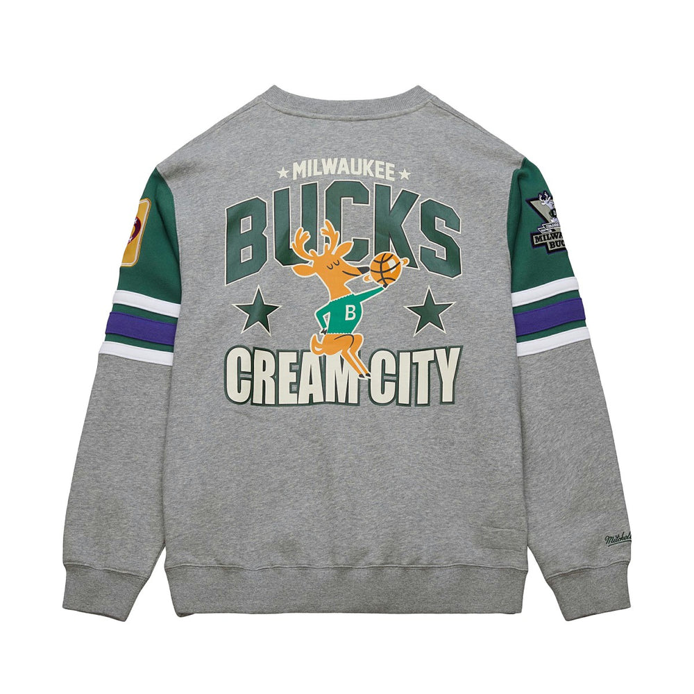 Milwaukee Bucks Hardwood Classics All Over 4.0 Pullover Sweatshirt Heather Gray | Mitchell & Ness
