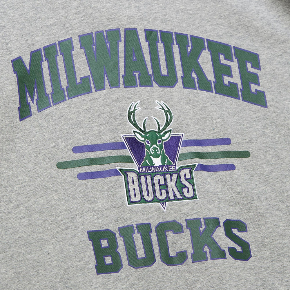 Milwaukee Bucks Hardwood Classics All Over 4.0 Pullover Sweatshirt Heather Gray | Mitchell & Ness