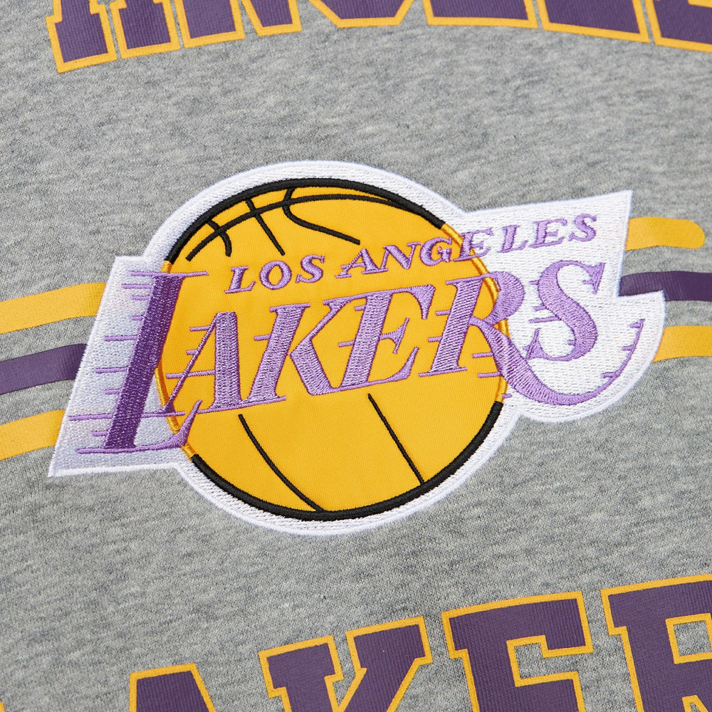 Los Angeles Lakers Hardwood Classics All Over 4.0 Pullover Sweatshirt Heather Gray | Mitchell & Ness US