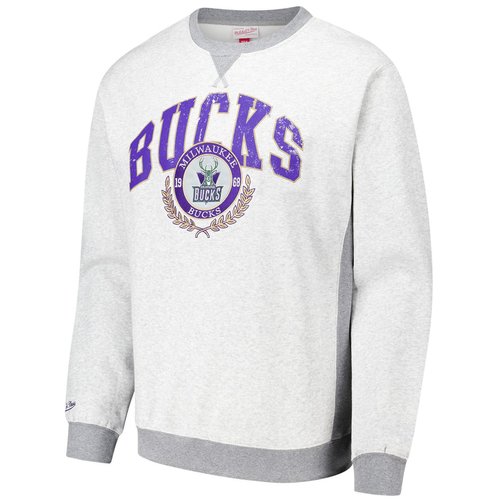 Milwaukee Bucks Vintage Logo Pullover Sweatshirt Heather Gray | Mitchell & Ness Lifestyle