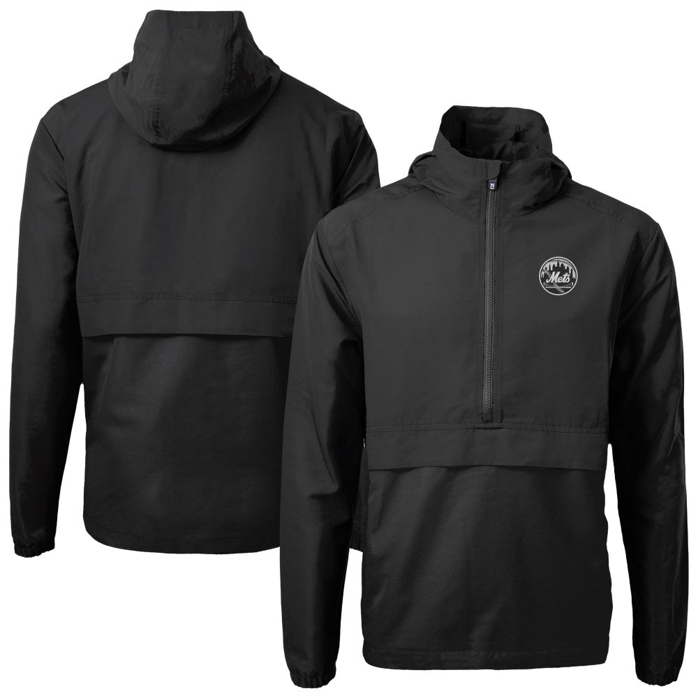 New York Mets Cutter & Buck Charter Eco Recycled Anorak Half-Zip Hoodie Jacket - Black - MLB Discount
