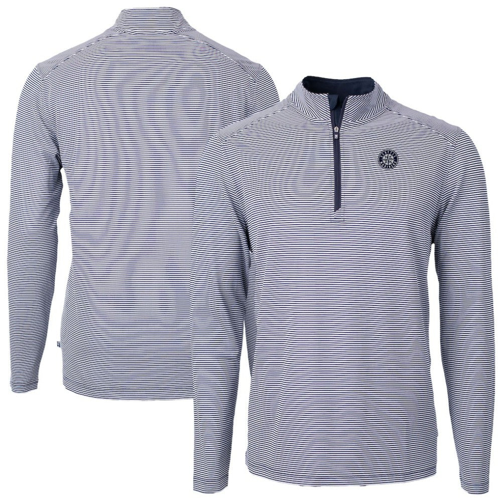 Seattle Mariners Cutter & Buck Virtue Eco Pique Micro Stripe Quarter-Zip Jacket - Navy - MLB Lifestyle