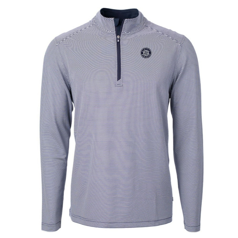Seattle Mariners Cutter & Buck Virtue Eco Pique Micro Stripe Quarter-Zip Jacket - Navy - MLB Lifestyle